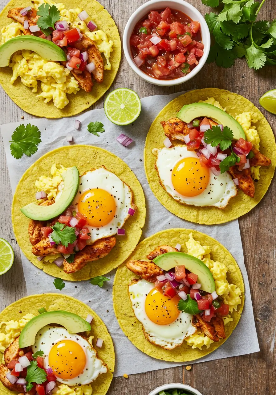 Chicken and Egg Breakfast Tacos with avocado, cheese, and salsa – high-protein breakfast recipe