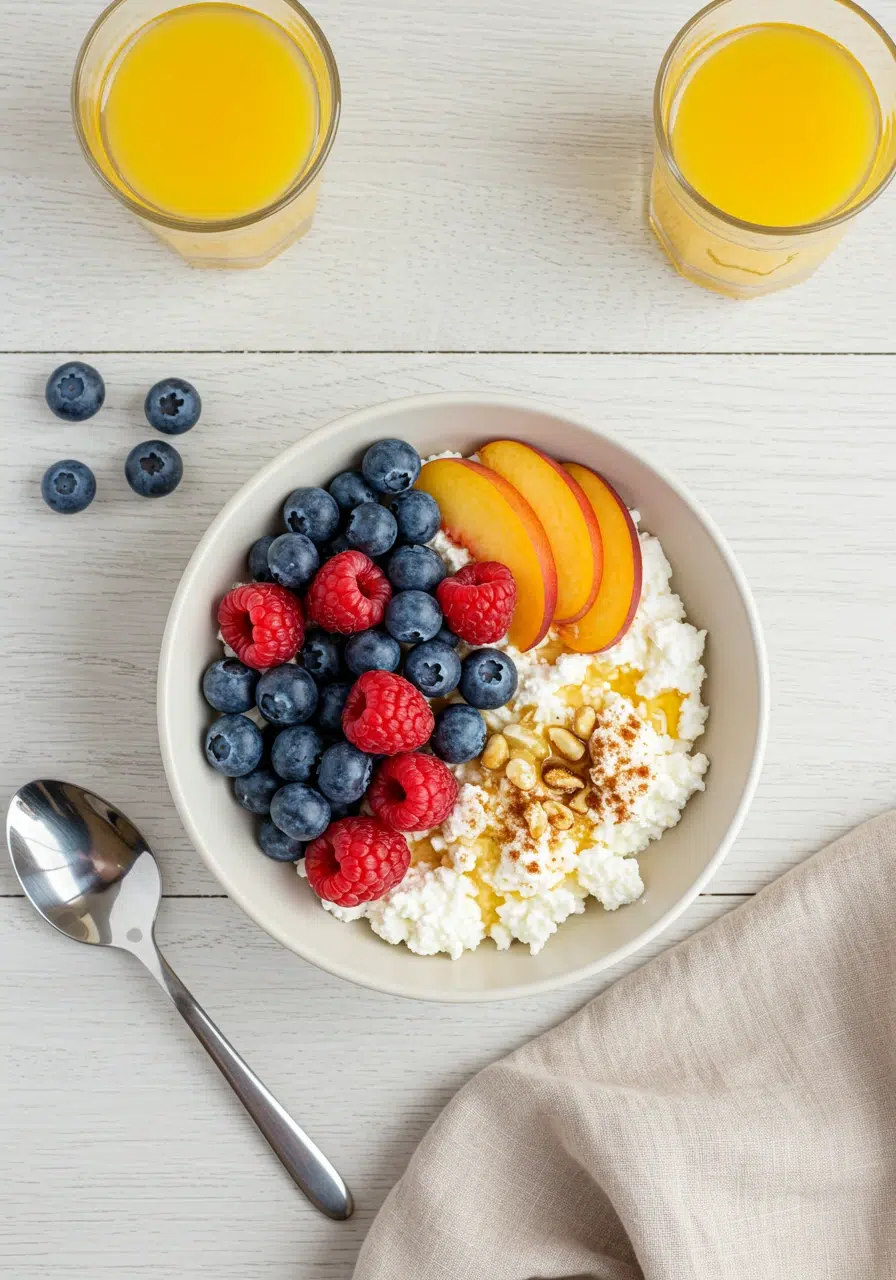 Cottage cheese and fruit breakfast bowl with berries, peach slices, and honey