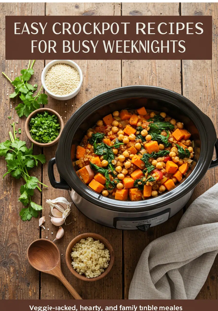 steaming crockpot with colorful vegetable stew, ingredients around it, rustic kitchen setting
