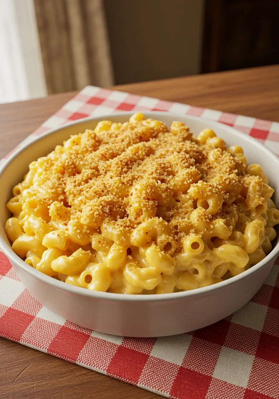 Mac and cheese with crunchy topping for educational game