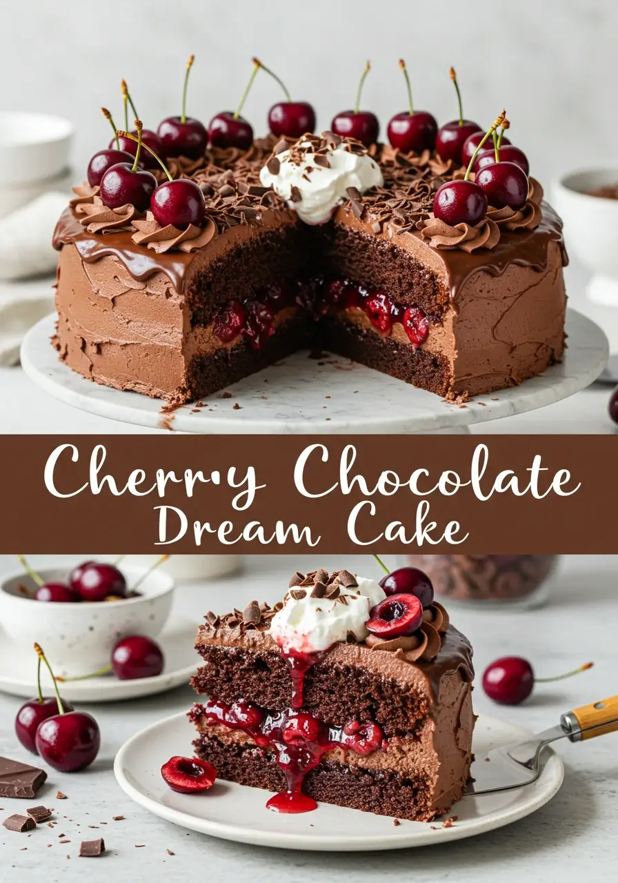 Cherry Chocolate Dream Cake on a white stand, with chocolate layers, glossy frosting, and cherry filling, topped with cherries and chocolate shavings. Bright kitchen background with spatula and cherries. Title in white font on overlay