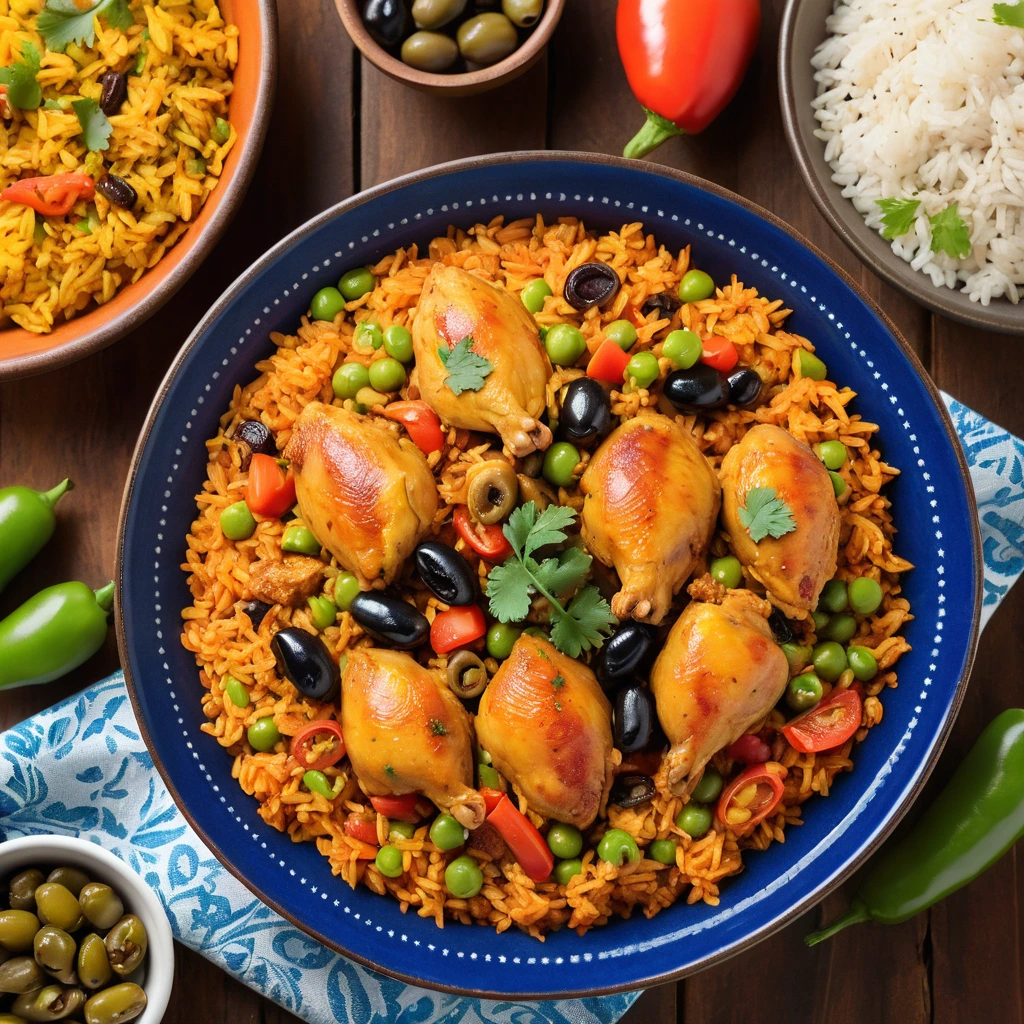 A traditional Latin American dish, Arroz Con Pollo, displayed in a rustic bowl. The dish features golden rice, tender chicken pieces, green peas, pimento peppers, black olives, and raisins, with a warm and inviting background that includes traditional Latin American tableware.