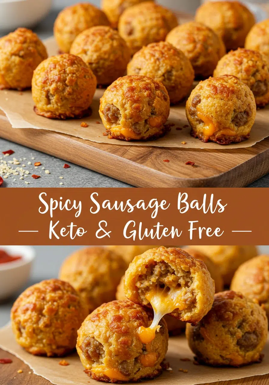 Delicious spicy sausage balls without Bisquick, keto-friendly and gluten-free appetizer, golden baked with melted cheddar cheese