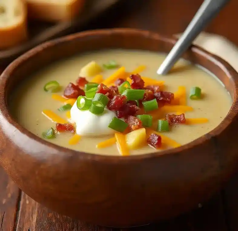 Bowl of creamy Outback Steakhouse potato soup topped with cheese, green onions, and turkey bacon bits