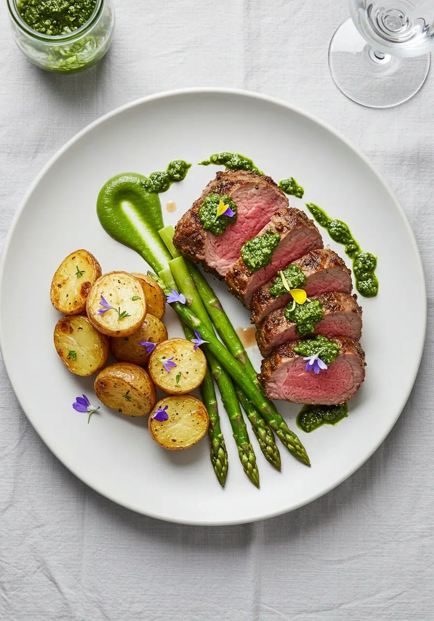 Herb-Crusted Rack of Lamb with Mint Pesto elegantly plated for wedding dinner