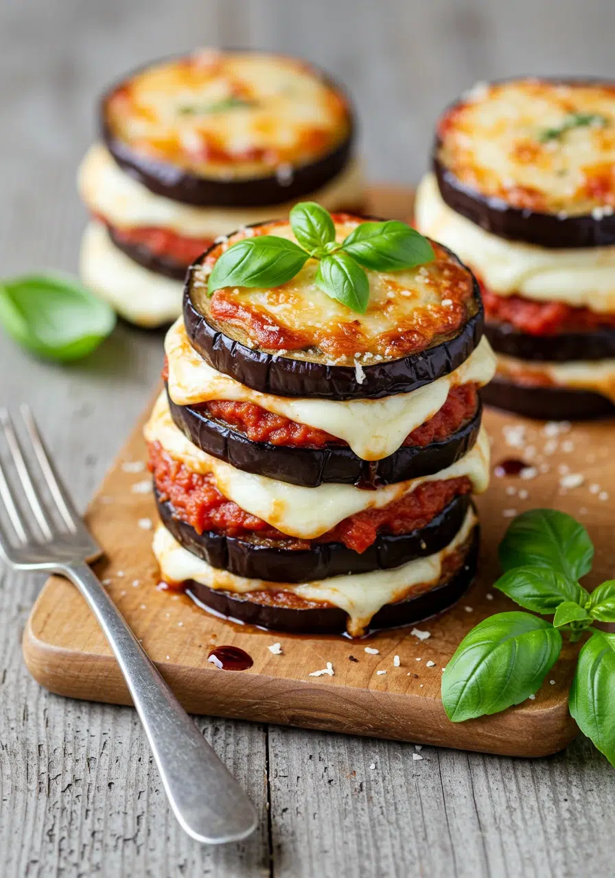 Vegetarian Eggplant Parmesan Towers with melted mozzarella and fresh basil garnish