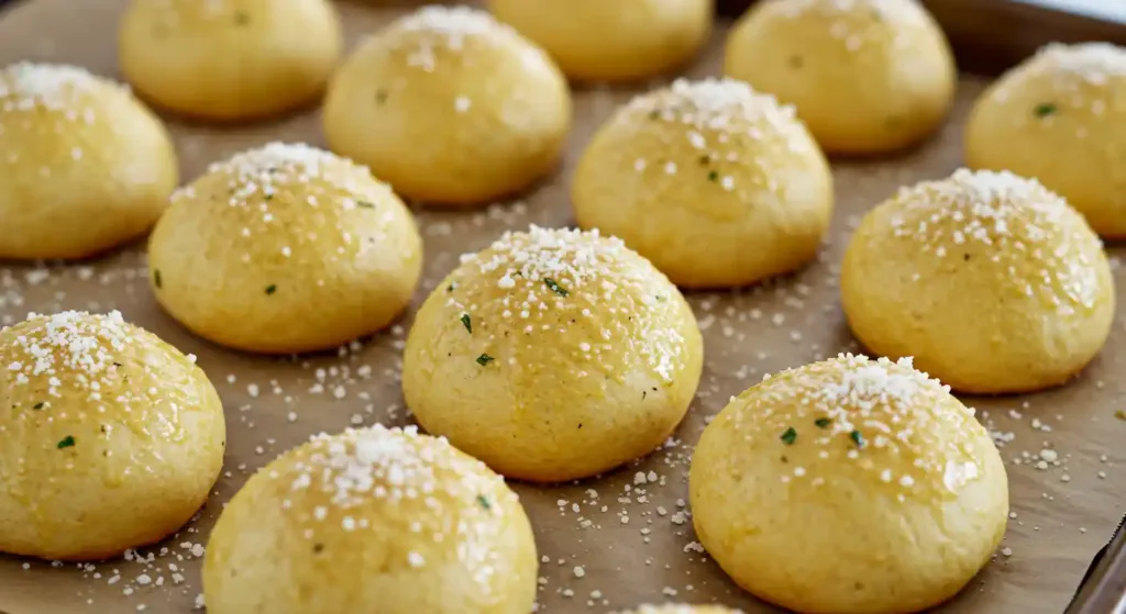 Dough balls on a baking sheet being brushed with melted garlic butter and sprinkled with parmesan.