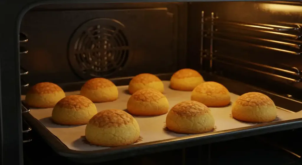 Golden brown baked bombs fresh out of the oven on a baking sheet.