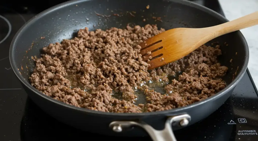 Ground beef browning in a skillet with steam rising, seasoned with Italian herbs.