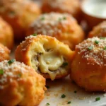 Golden, crispy Garlic Parmesan Cheeseburger Bombs with melted cheese inside, sprinkled with grated parmesan and garlic butter, served with a side of dipping sauce