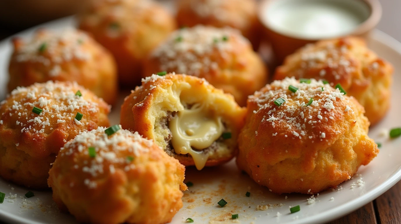 Golden, crispy Garlic Parmesan Cheeseburger Bombs with melted cheese inside, sprinkled with grated parmesan and garlic butter, served with a side of dipping sauce