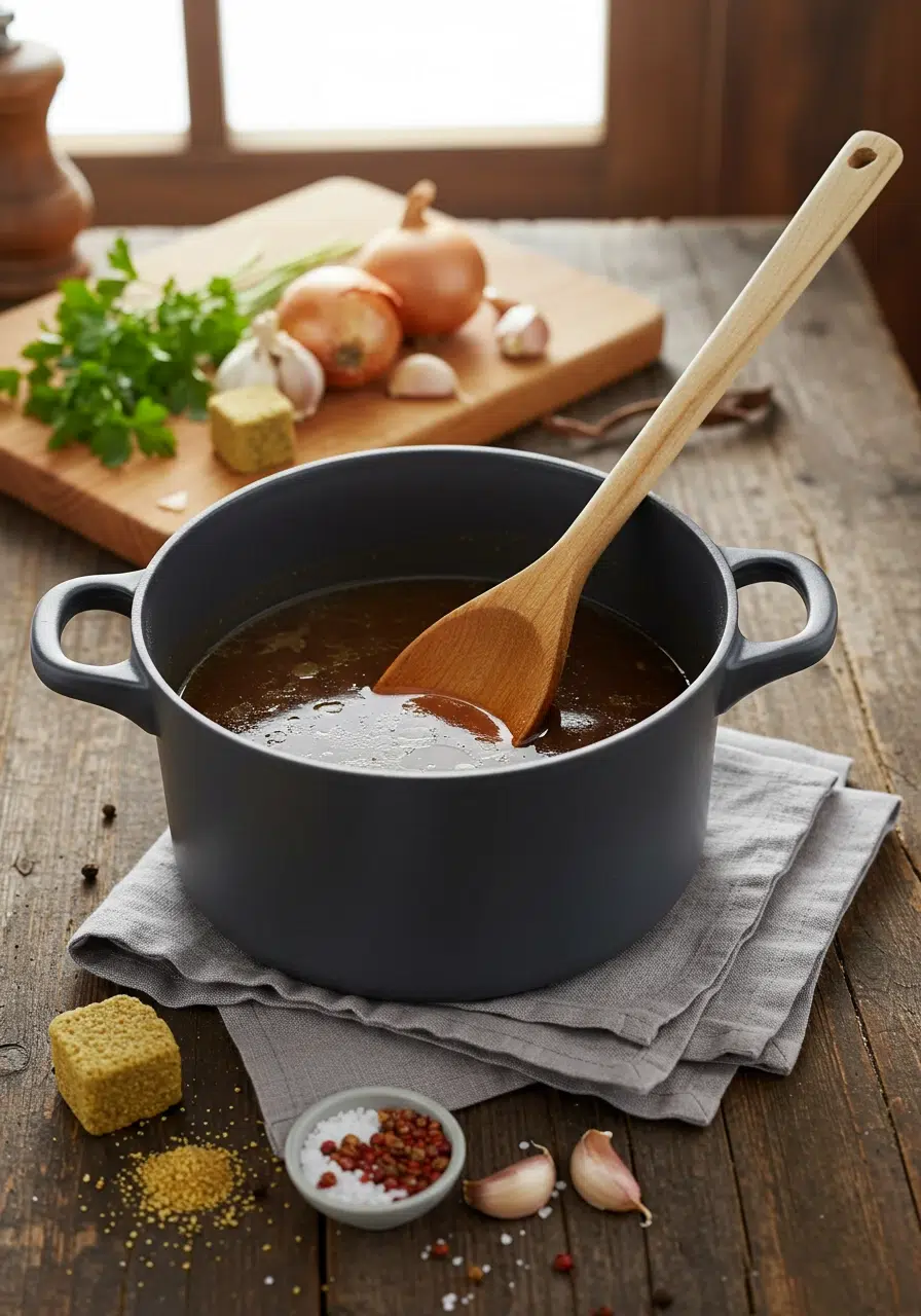 Featured image of beef bouillon cubes and steaming broth in a rustic kitchen setting