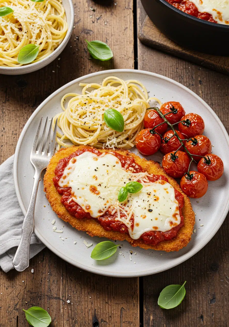 Crispy Chicken Parmesan cutlet topped with marinara, mozzarella, and parmesan cheese on a plate