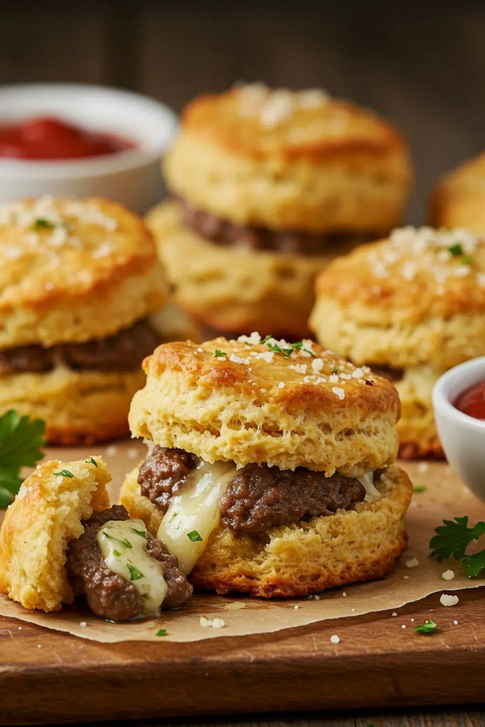 Golden Garlic Parmesan Cheeseburger Bombs on a rustic wooden table with melted cheese and dipping sauce