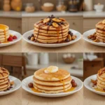 Box of Krusteaz Pancake Mix featuring its signature blue and yellow packaging, with a stack of fluffy pancakes topped with syrup and butter in the background