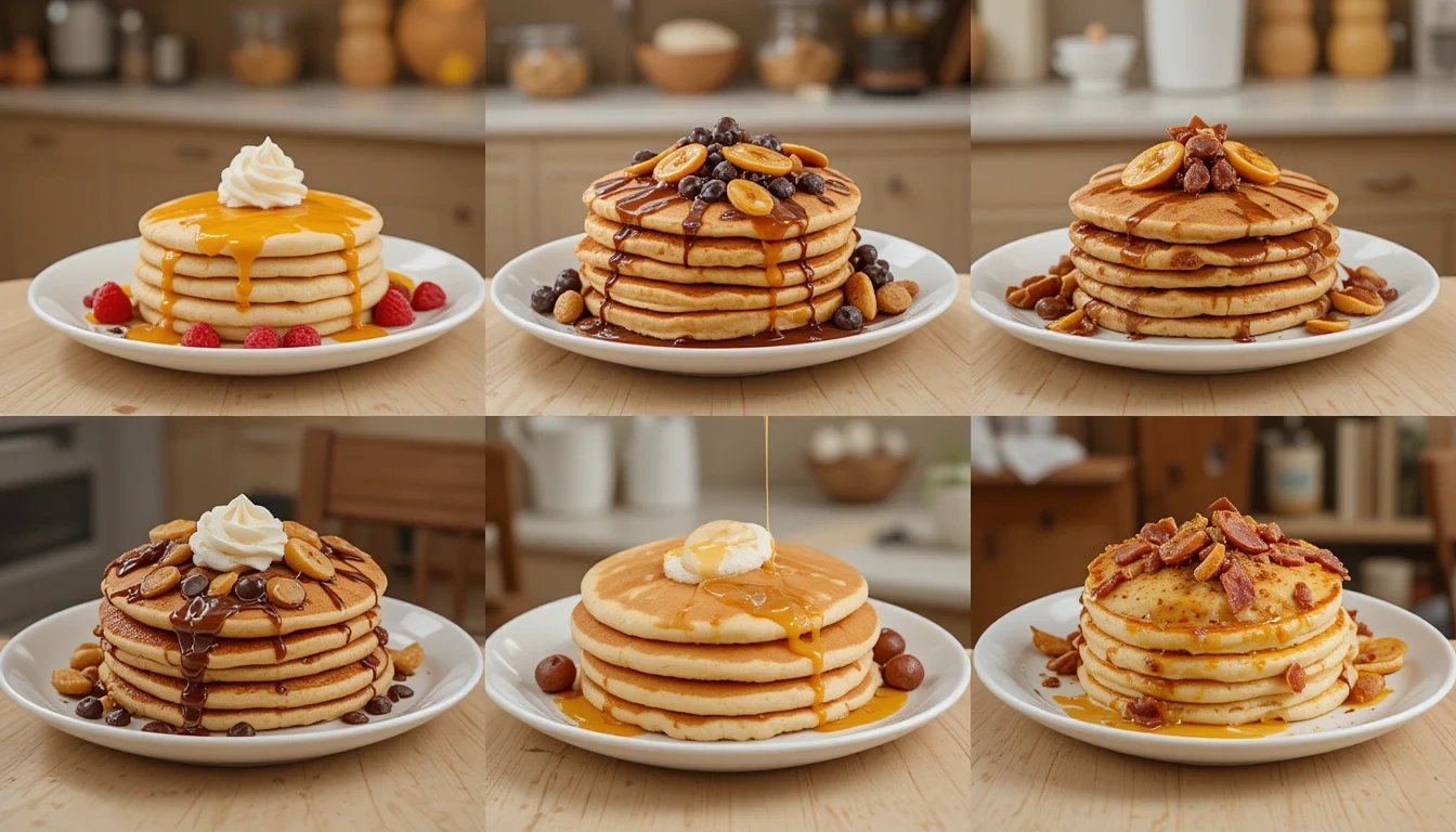 Box of Krusteaz Pancake Mix featuring its signature blue and yellow packaging, with a stack of fluffy pancakes topped with syrup and butter in the background