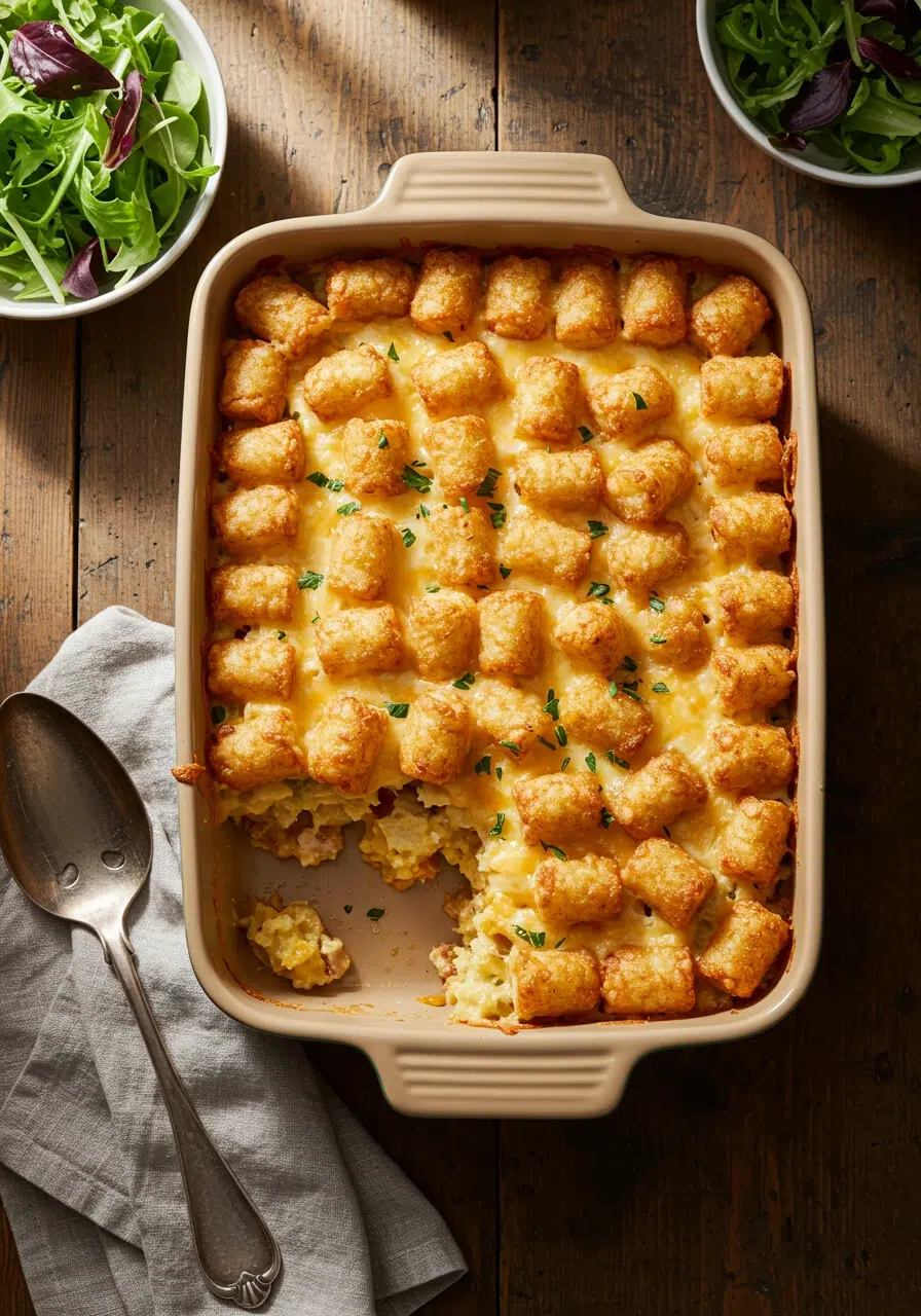 Tater Tot Casserole fresh from the oven with golden crispy top and melted cheese