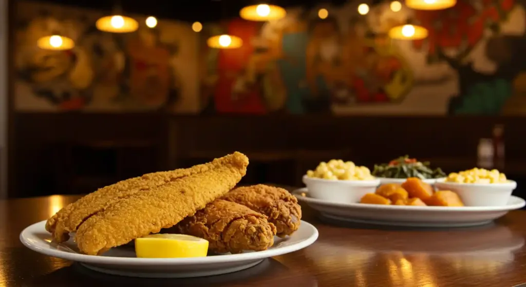 Crispy hip hop fish and chicken served with coleslaw and mac and cheese