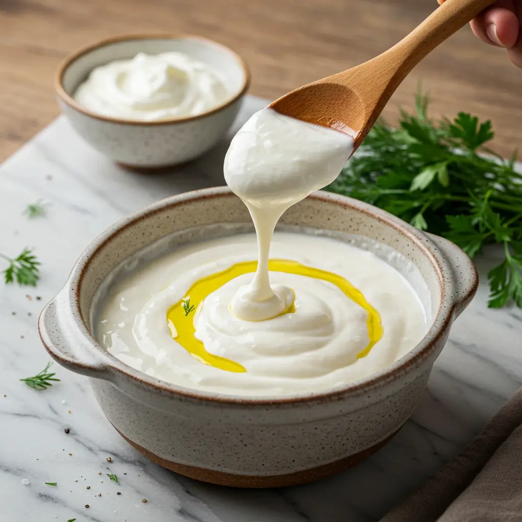 Creamy Greek yogurt sauce for a low-carb pasta recipe, garnished with fresh dill