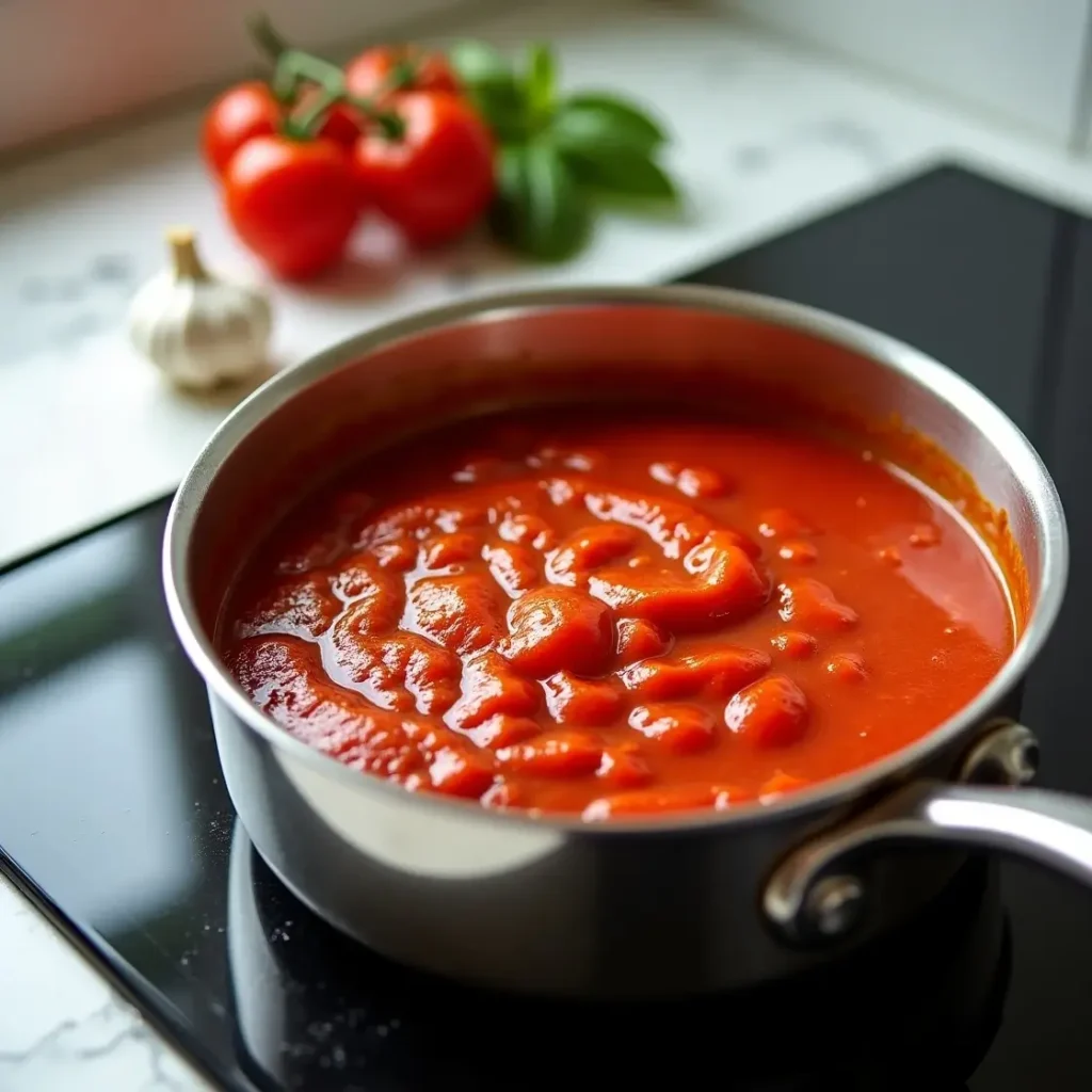 Simmering low-carb marinara sauce with fresh herbs for a healthy pasta dish.