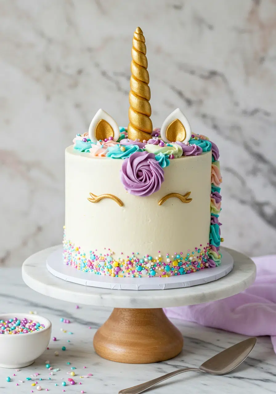 Magical unicorn cake with three layers, rainbow buttercream mane, golden horn and pastel decorations - perfect birthday cake recipe