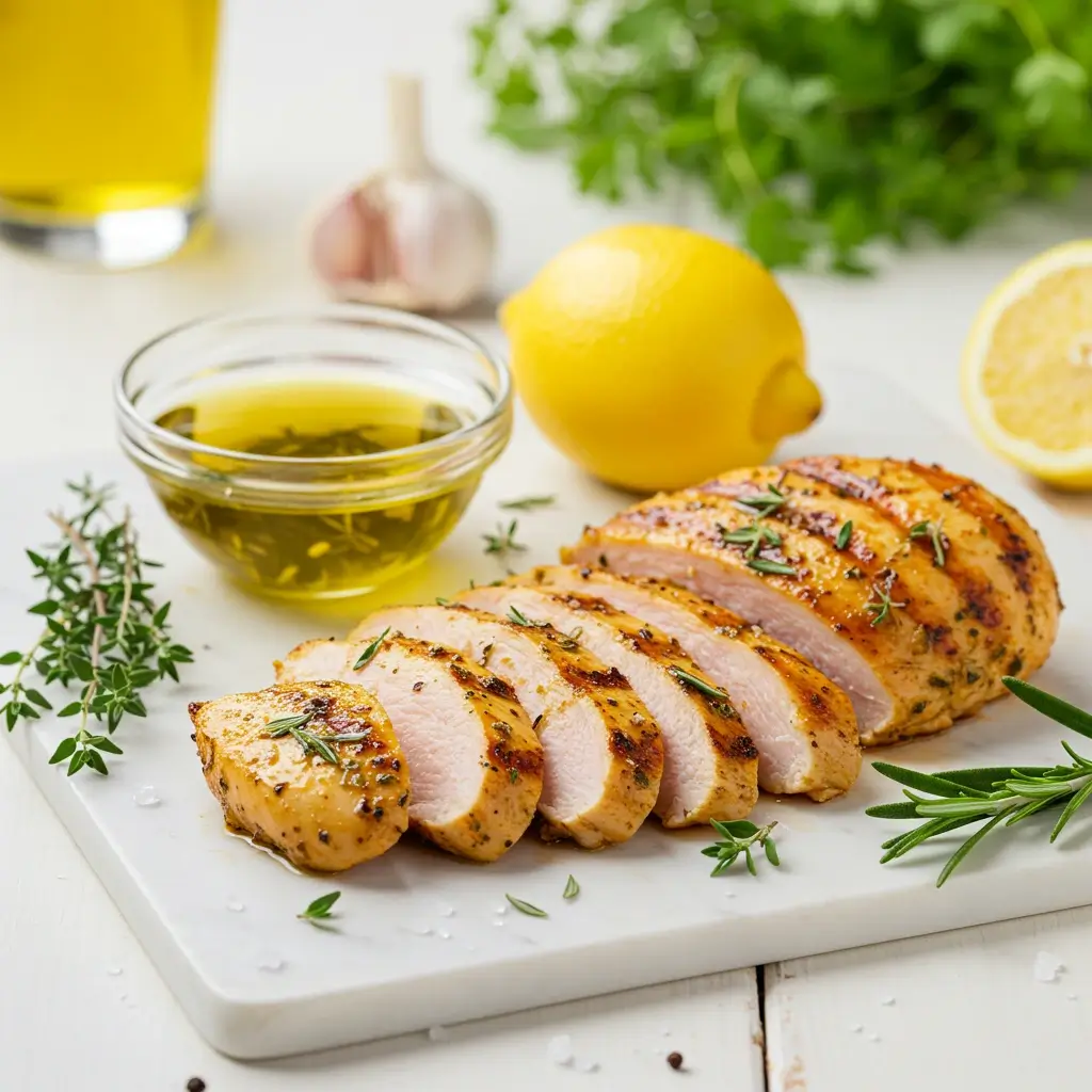 Marinated grilled chicken breast for a low-carb pasta recipe, prepared with fresh herbs.