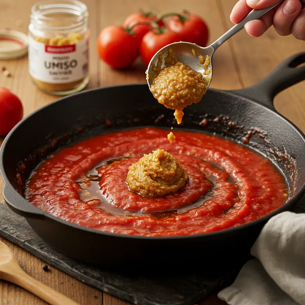 Umami-rich tomato sauce with miso for a low-carb pasta recipe.