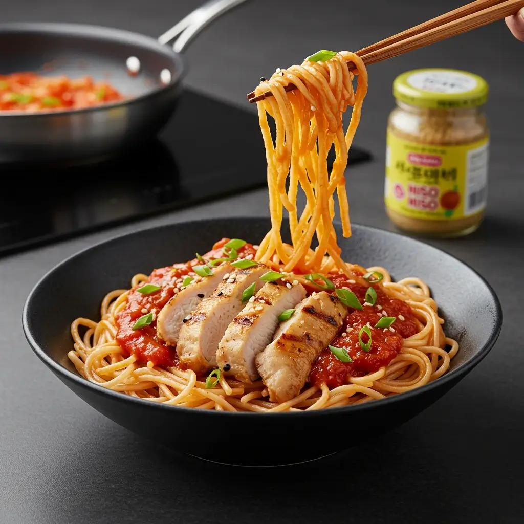 Shirataki noodles with grilled chicken and miso tomato sauce for a low-carb pasta dish.