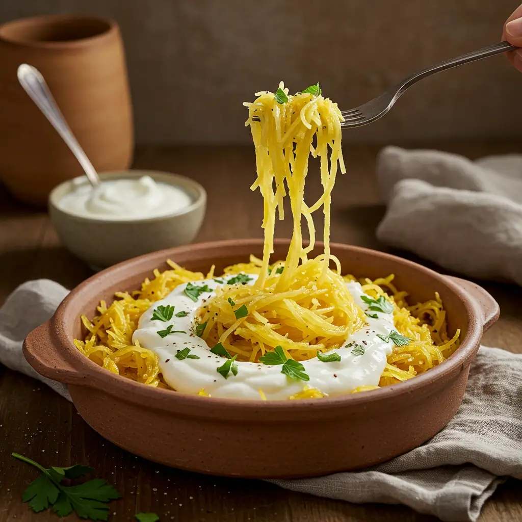 Spaghetti squash tossed with creamy Greek yogurt sauce for a low-carb pasta recipe.