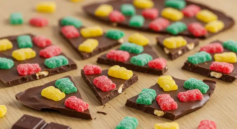 Close-up of Freeze-Dried Gummy Bears chocolate bark with colorful gummy bears on a wooden table