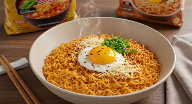 Creamy carbonara buldak ramen with egg yolk and chili flakes