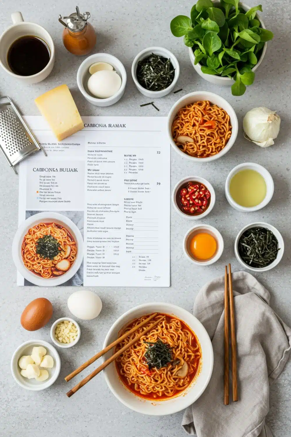 Recipe setup for creamy carbonara buldak ramen with printed steps