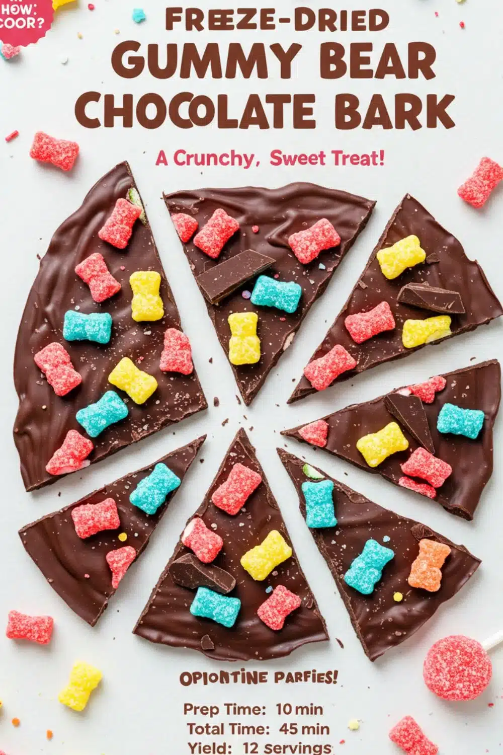 Colorful freeze-dried gummy bear chocolate bark broken into pieces on a light background with scattered gummy bears.