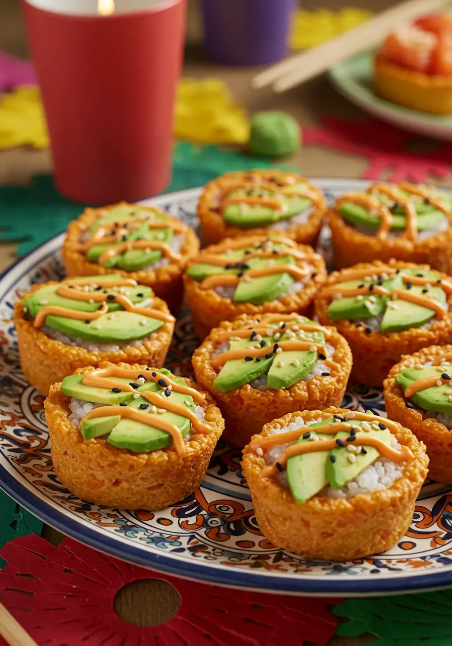 Muffin tin sushi cup with salmon and spicy mayo