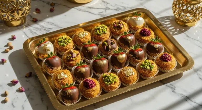 Dubai chocolate strawberries with kataifi crunch on elegant tray