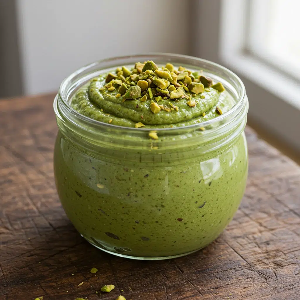 Crunchy pistachio butter in a jar