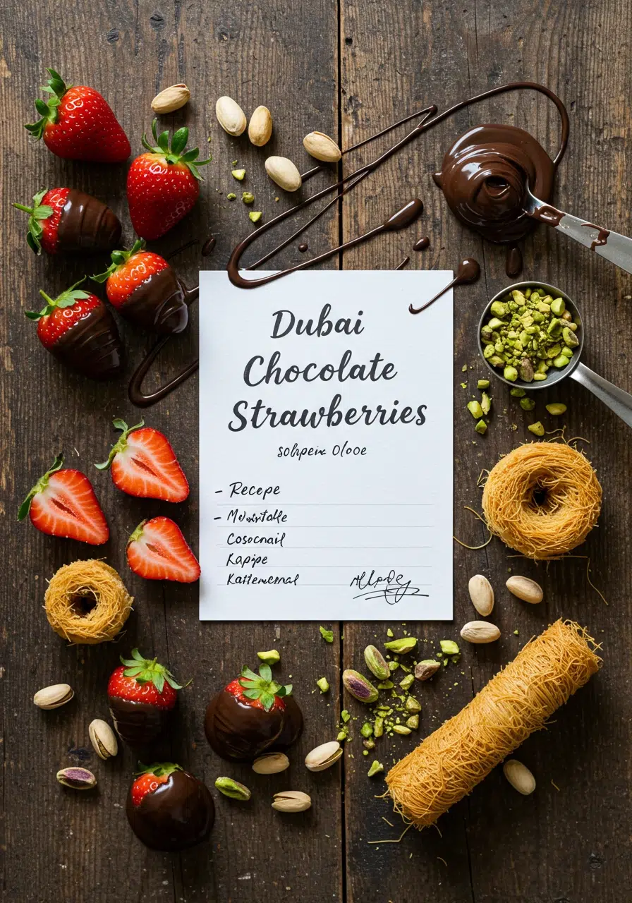 Recipe card for Dubai chocolate strawberries with ingredients