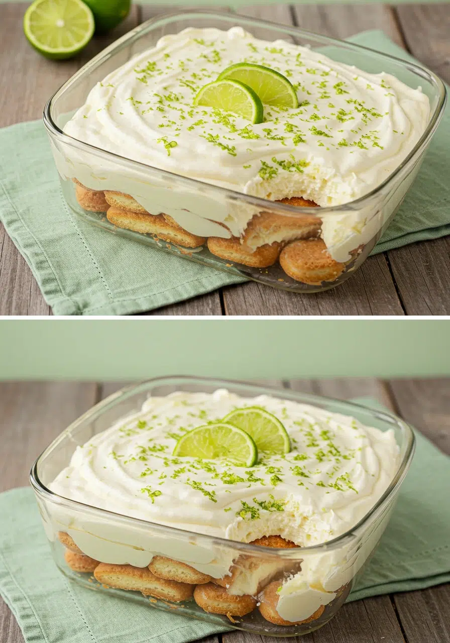 Key Lime Tiramisu with recipe card overlay and lime zest garnish