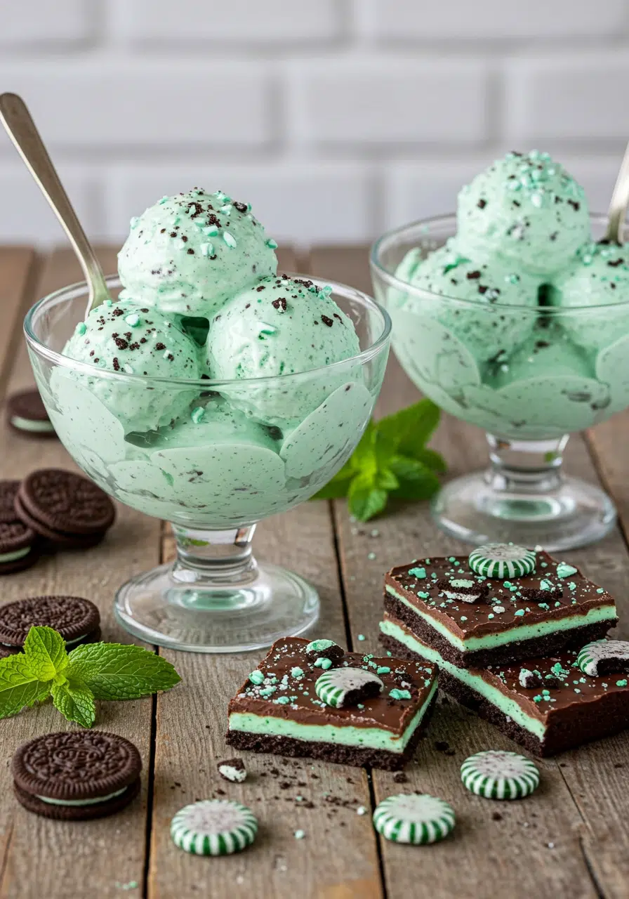 Mint Cookie Creami and Chocolate Mint Dream Bars dessert display