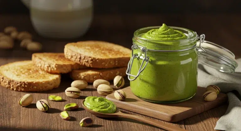 Homemade pistachio butter in a jar on a cozy kitchen table