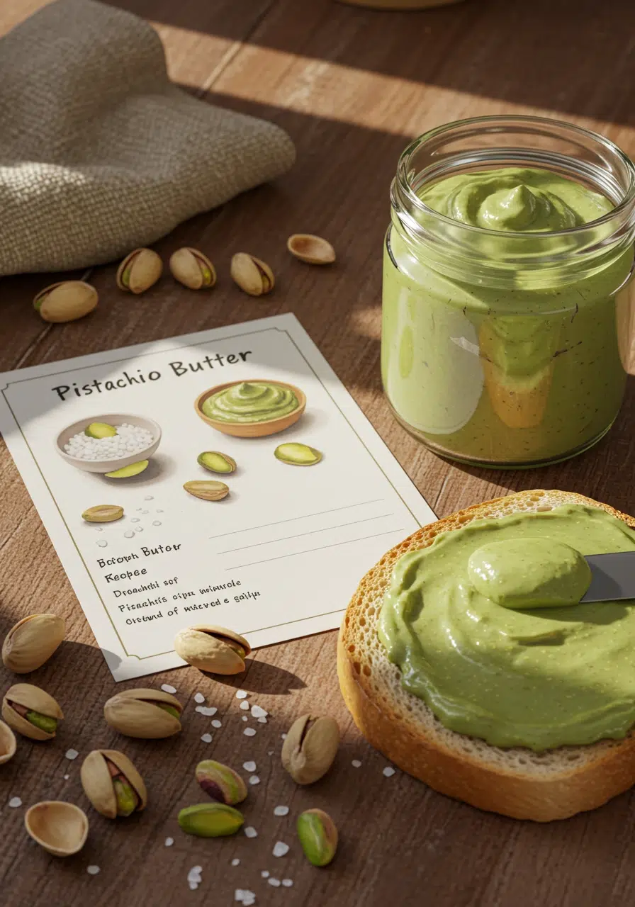 Pistachio butter recipe card on a rustic table
