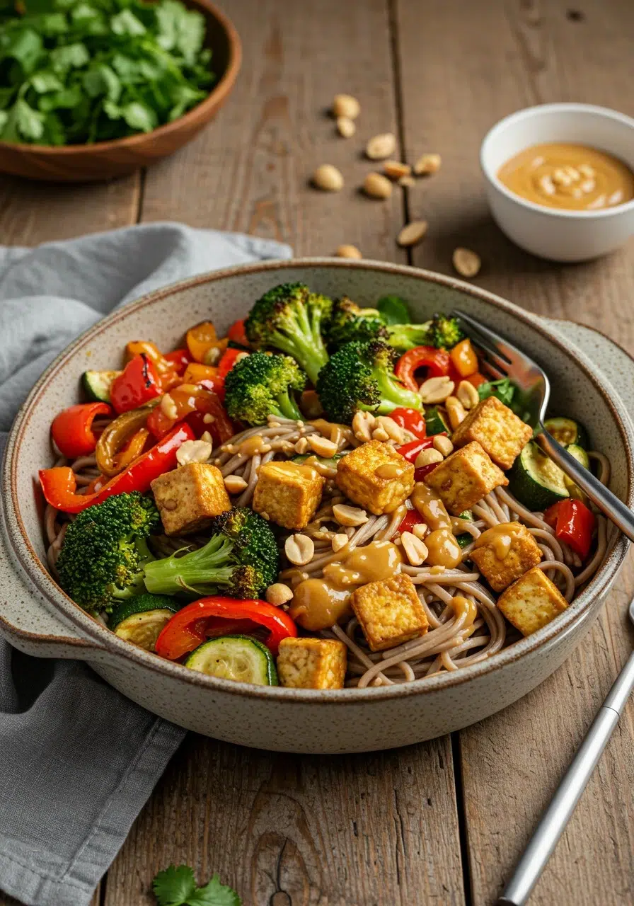 Roasted vegetables with tofu noodle bowl with Sriracha peanut sauce