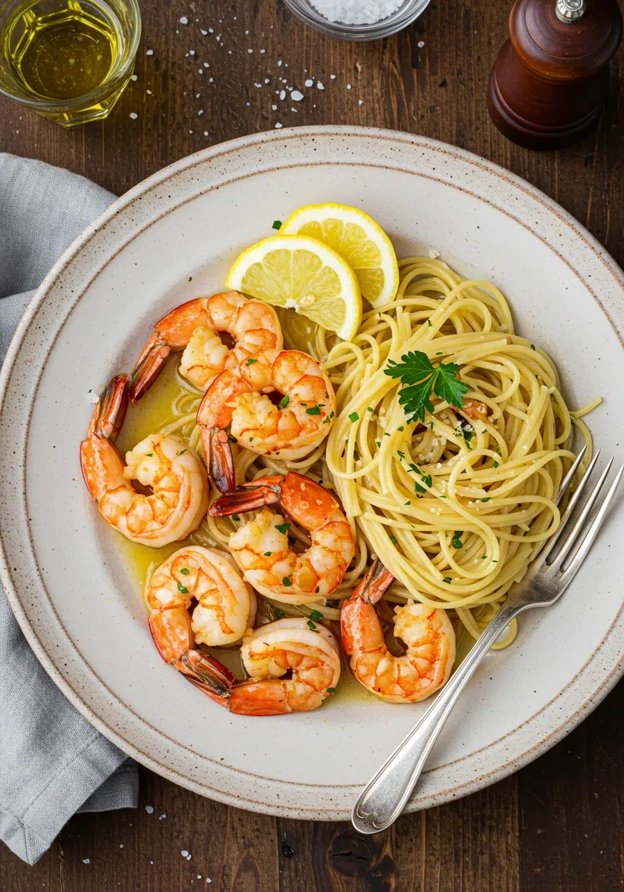 Shrimp scampi recipe with pasta on wooden table