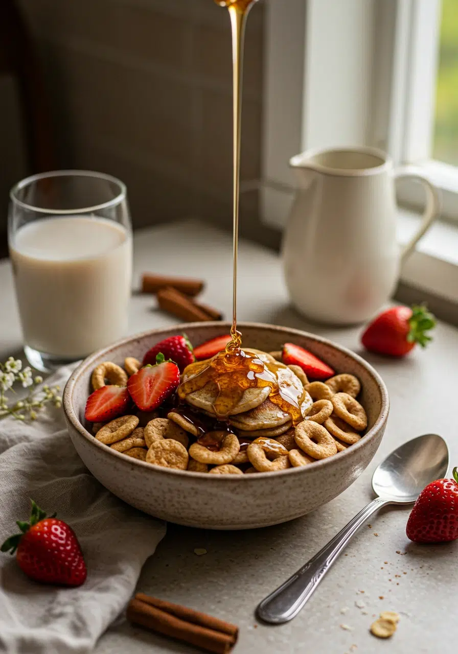 Vegan pancake cereal recipe card bowl with maple syrup and strawberries
