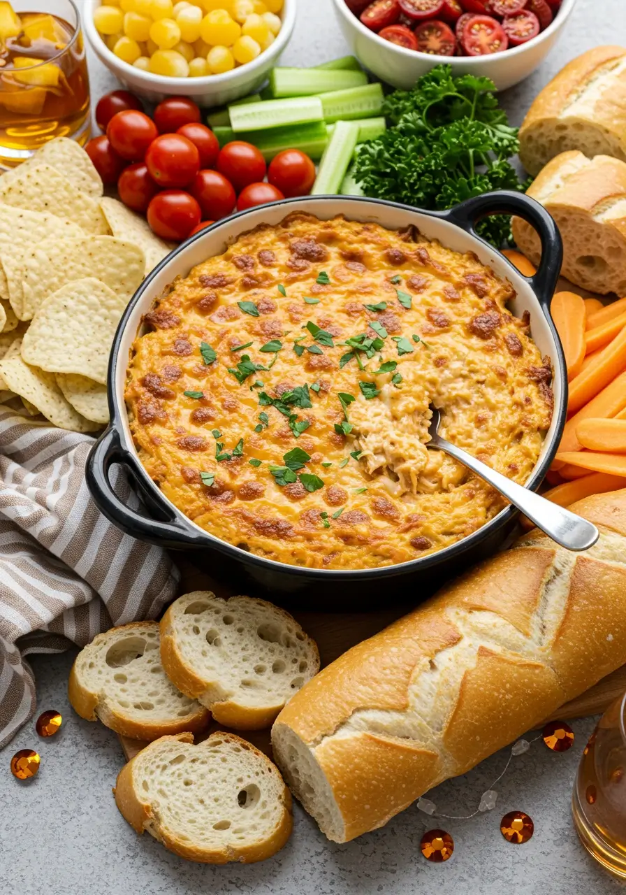 Crockpot Marry Me Chicken Dip with dippers for recipe card