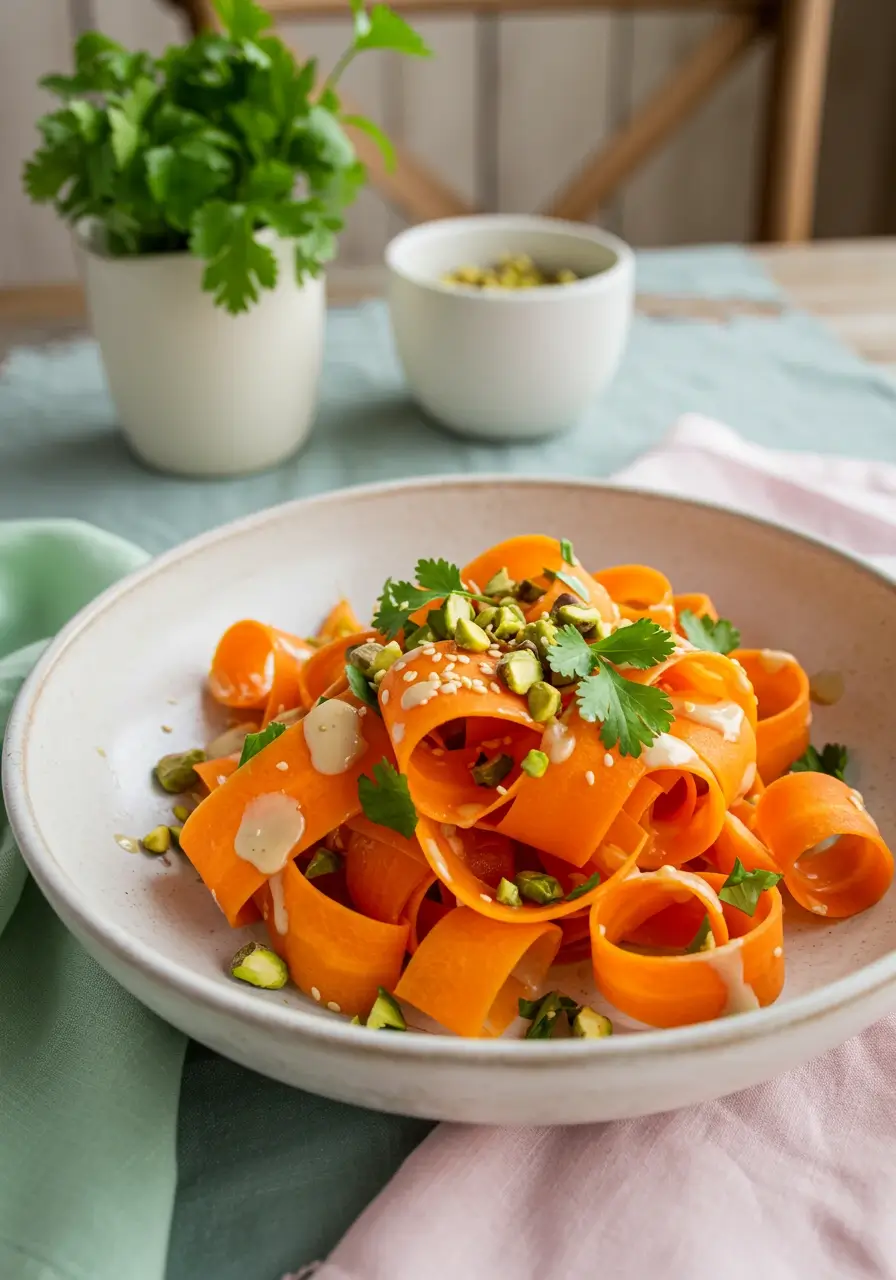 Plated carrot ribbon salad with vibrant garnishes