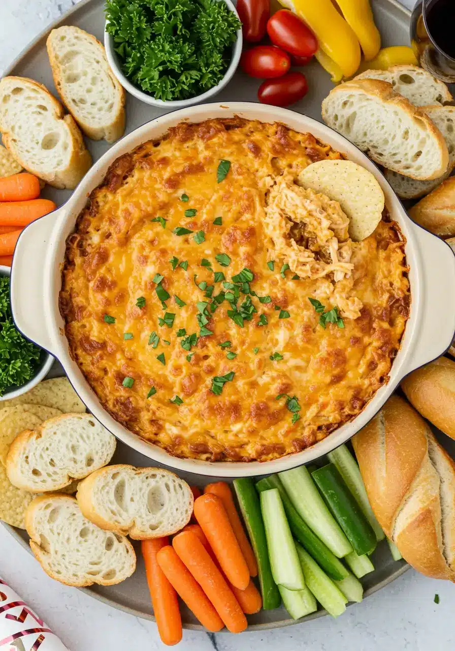Marry Me Chicken Dip with dippers for recipe card