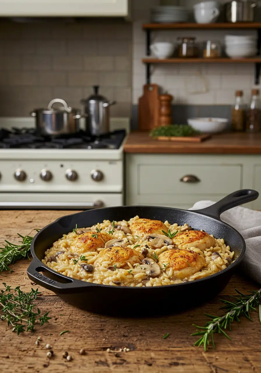 Chicken and mushroom orzo risotto recipe card