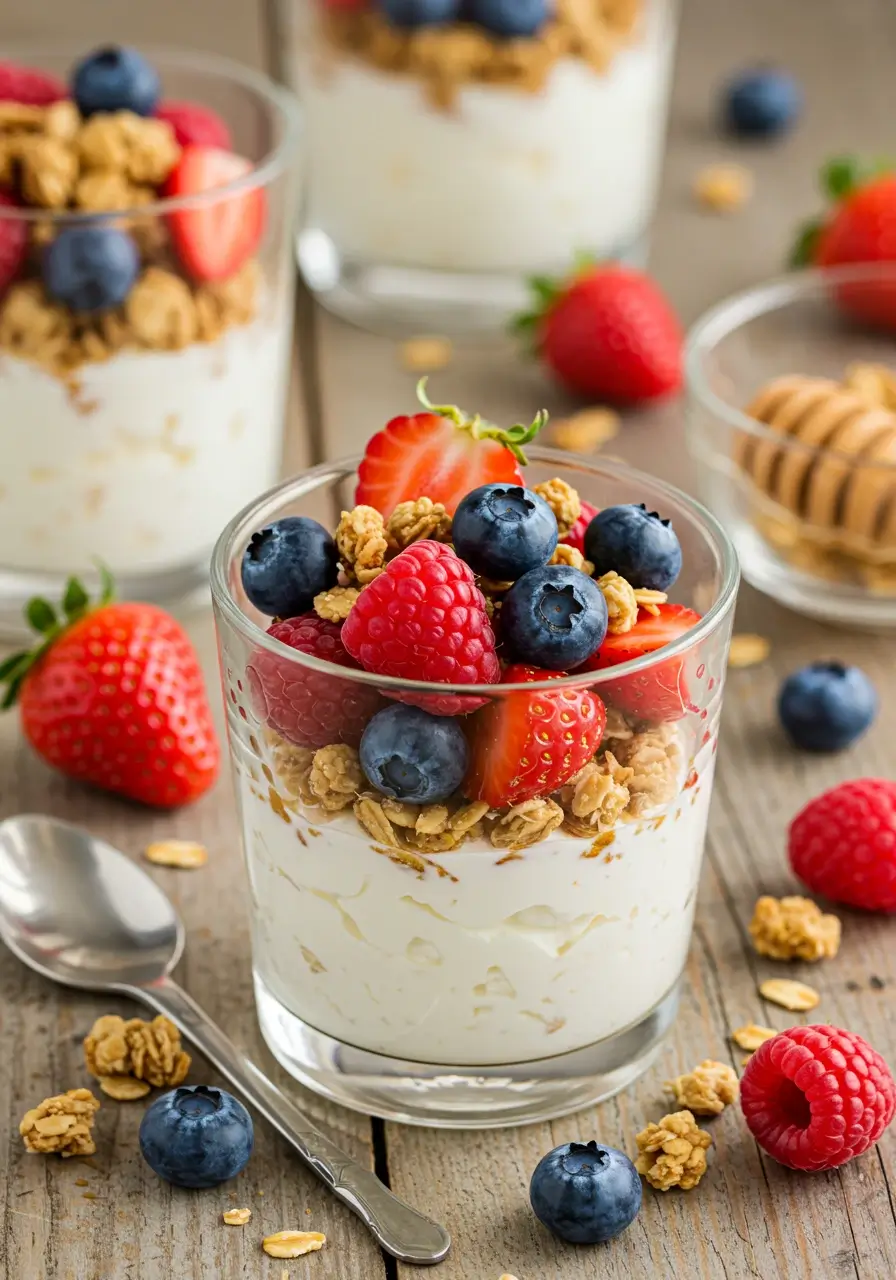 Layered cottage cheese berry parfait with granola and honey in a glass cup, surrounded by fresh berries