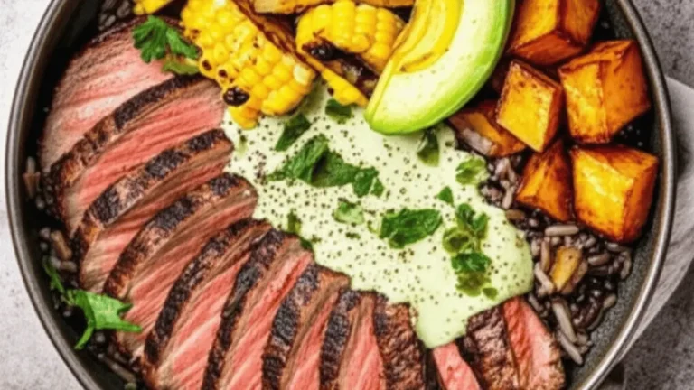 Grilled Steak & Corn Grain Bowl with Creamy Jalapeño Drizzle recipe